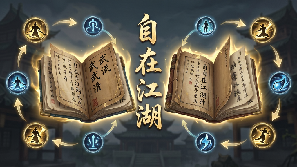 一幅展示自在江湖武学搭配界面的插画,主体是两本打开的武学秘籍悬浮在空中,周围环绕着发光的技能图标和连招箭头,布局为左右对称,风格为玄幻武侠,细节包括秘籍上的毛笔字、金色光效、飘动的书页,画面中融入“自在江湖”文字,画质高清,干净,无多余元素