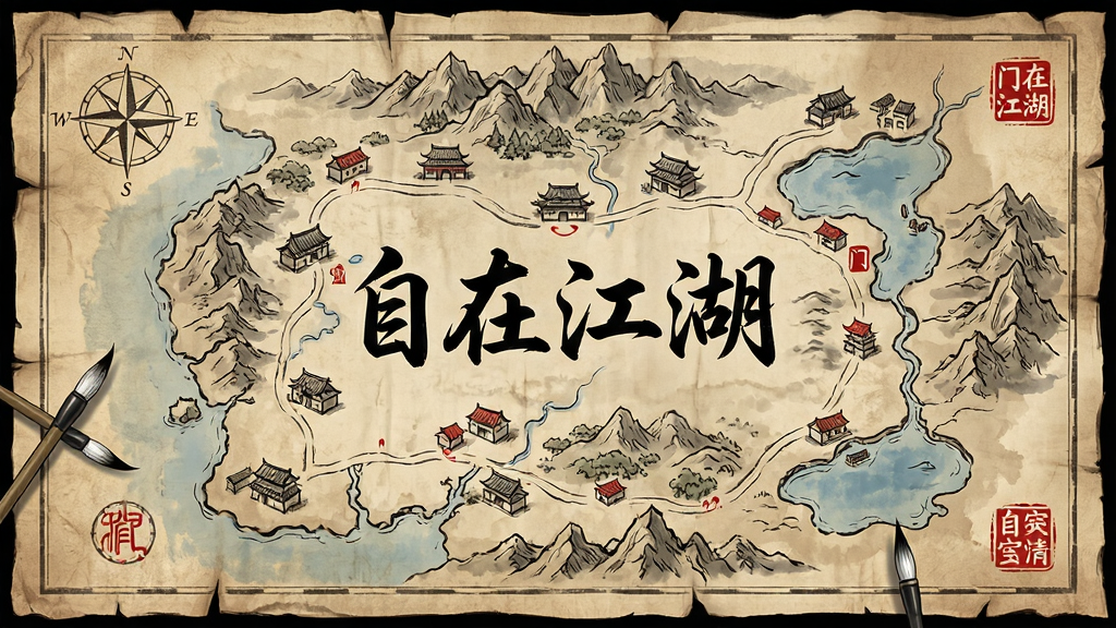 一幅展示自在江湖游戏大地图的画面,主体是展开的羊皮纸风格武侠地图,上面标注了城镇、山川、湖泊、门派等地点,布局为俯视全景,风格为古风手绘,细节包括地图边缘的罗盘、毛笔标记、红色印章,画面中央用毛笔字写着“自在江湖”,画质高清,干净,无多余元素