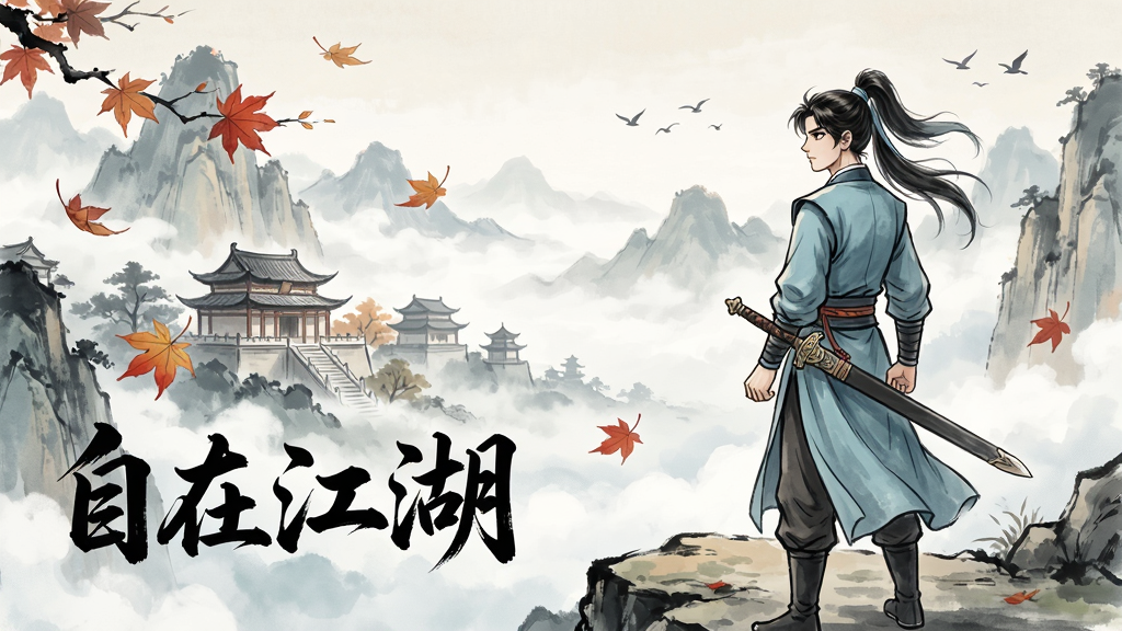 一幅国风武侠风格的游戏场景插画,主体是一位身穿青衫的年轻侠客站在山巅远眺,远处有古风建筑群和云雾缭绕的群山,布局采用横向宽幅构图,左下方放置游戏名称“自在江湖”四个毛笔书法字体,风格为水墨渲染加淡彩,细节包括飘落的枫叶、侠客腰间佩剑、远处飞鸟,画质高清,干净,无多余元素