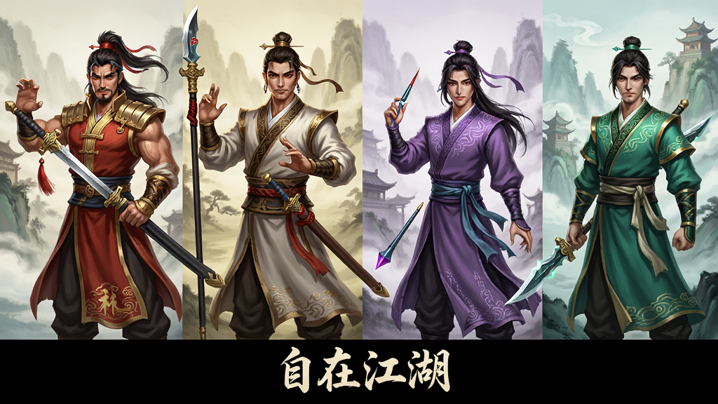一幅展示自在江湖四大流派角色的立绘合集,主体是四位不同风格的武侠角色并排站立,分别代表外功、内功、暗器、治疗四个方向,布局为横向排列,风格为国风厚涂,细节包括各自的武器、服饰纹样、背景光效,画面底部写有“自在江湖”字样,画质高清,干净,无多余元素