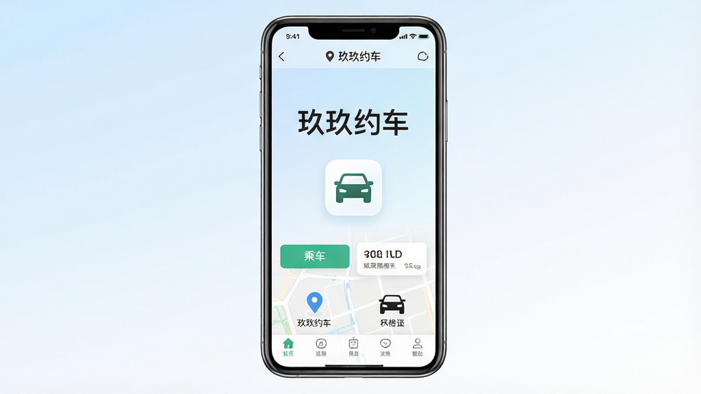 玖玖约车软件主界面全貌展示,主体为一部竖屏智能手机,屏幕中央显示“玖玖约车”四个大字与简洁的出行叫车图标,地图定位标记和车辆图标分布在界面下方,布局采用居中对称排版,背景为浅蓝到白色的渐变,风格清爽现代,细节包括乘车按钮、价格预估卡片、顶部定位栏、底部导航菜单,画质高清,干净,无多余元素