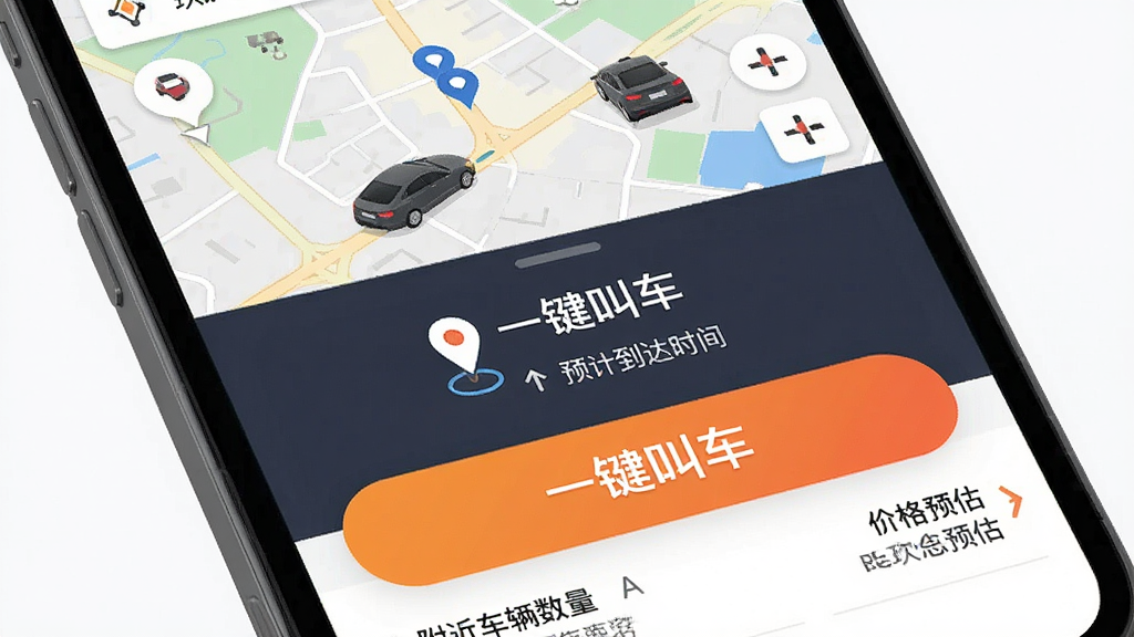 玖玖约车一键叫车功能界面,主体为手机屏幕特写,屏幕中央显示醒目的“一键叫车”按钮和定位图标,布局为上下结构,上方是地图与车辆标记,下方是大号叫车按钮,风格扁平化科技感,细节包括预计到达时间、附近车辆数量、价格预估,画质清晰,干净,无多余元素