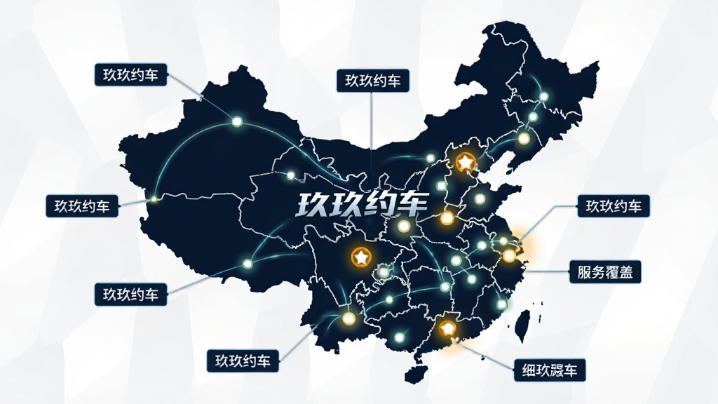 玖玖约车多城市服务覆盖示意图,主体为中国地图轮廓与多个城市标记点,布局为中心地图加周边城市名称标签,风格商务简洁,细节包括“玖玖约车”字样、城市光点连线、服务覆盖范围高亮,画质高清,干净,无多余元素
