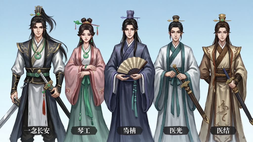 画面展示“一念长安”游戏中的多位古风角色立绘并排站立,角色服饰华丽,有剑客、琴师、医者等不同职业形象,背景为淡蓝色渐变,人物下方有各自的名称标签,整体布局为横向排列,风格为精致国风立绘,细节包含发饰、玉佩、折扇、长剑,画质清晰干净,无多余元素
