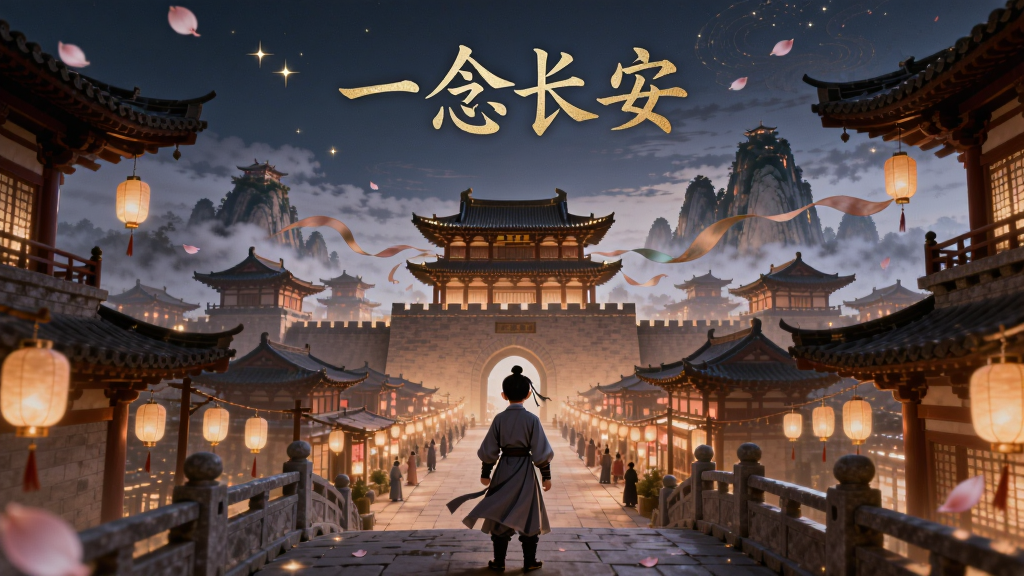 画面中央展示一座灯火通明的古代长安城,城楼高耸,街道两侧挂满灯笼,远处有仙山云雾缭绕,近处一位身穿古风长袍的少年背影立于石桥之上,画面采用竖版构图,上方留白处用金色字体写着“一念长安”,整体风格为唯美古风插画,细节包含飞檐斗拱、飘带、花瓣、星光点缀,画质清晰干净,无多余元素