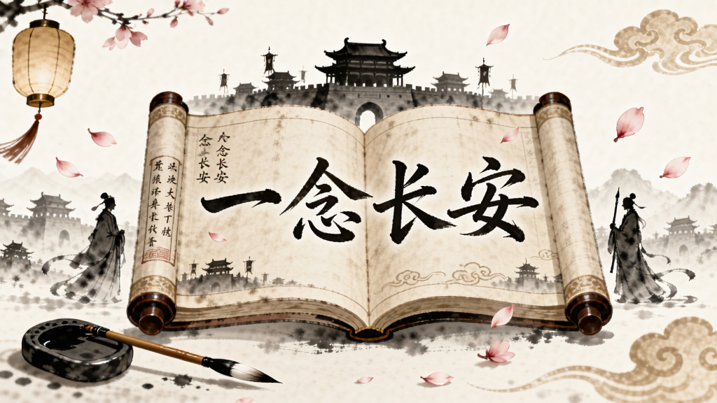 画面以一本展开的古风书卷为主体,书页上浮现出“一念长安”四个字,书卷周围环绕着长安城剪影、人物立绘与飘落的花瓣,背景为淡雅的水墨色调,整体布局居中,风格为古典水墨插画,细节包含毛笔、砚台、灯笼、云纹,画质干净清晰,无多余元素