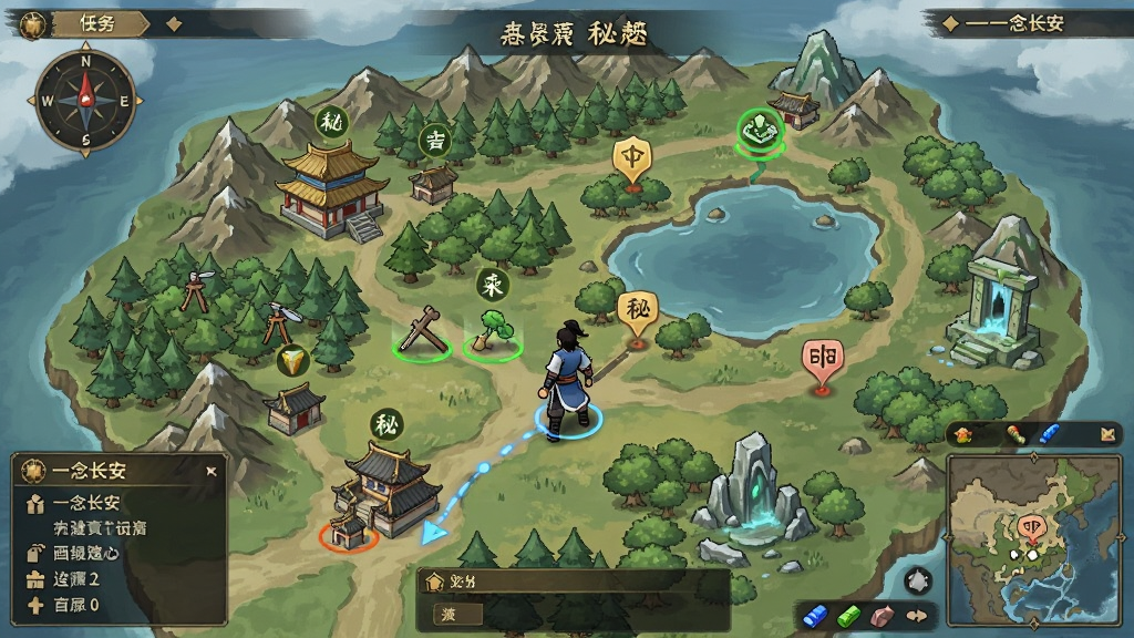 画面以“一念长安”的开放世界地图为背景,地图上标注有城镇、山林、湖泊、秘境等图标,一位玩家角色正在地图上移动,周围有采集物与任务标记,整体布局为俯视视角,风格为古风游戏界面截图风,细节包含罗盘、任务栏、小地图、资源图标,画质清晰干净,无多余元素