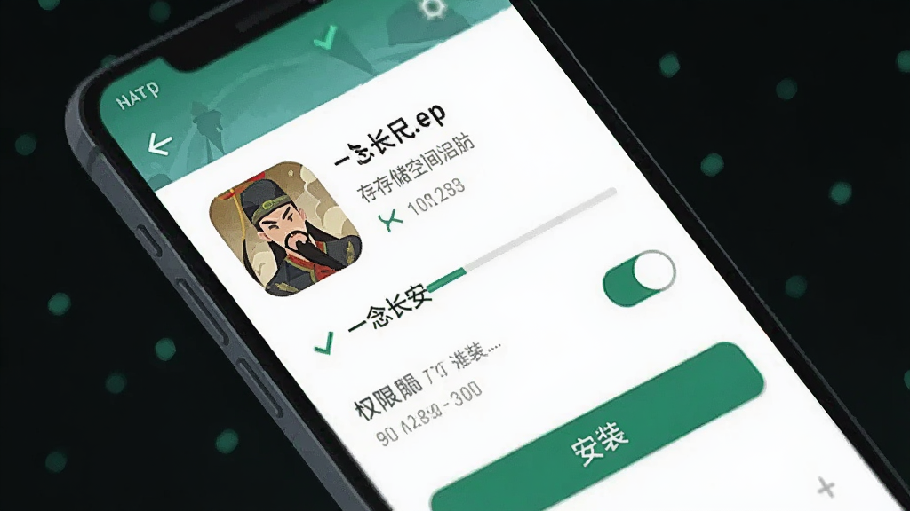 画面展示一部智能手机屏幕,屏幕上显示“一念长安”游戏安装界面,旁边有存储空间提示、权限开关、安装按钮等元素,整体布局为手机界面特写,风格为扁平化科技插画,细节包含进度条、勾选框、提示文字,画质清晰干净,无多余元素