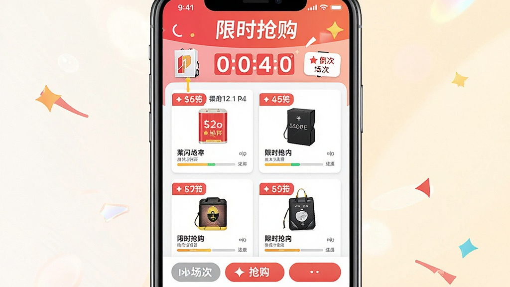一张展示“莱闪购”限时抢购专区的图片,画面主体为手机屏幕,屏幕内显示多个限时抢购场次卡片与倒计时数字,商品以网格排列,每件商品带有折扣标签和库存进度条,顶部有“限时抢购”字样,风格为明亮活泼的电商促销风格,细节包含时间轴、场次切换按钮、抢购按钮,画质清晰,干净,无多余元素。