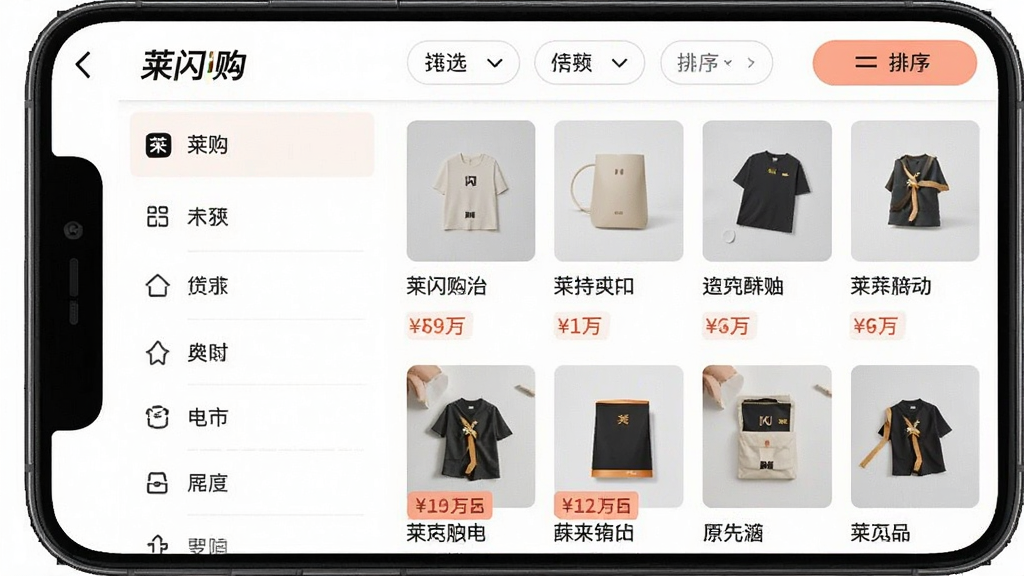 一张展示“莱闪购”商品分类导航页面的图片,画面为手机界面,左侧为垂直分类列表,右侧为对应分类下的商品缩略图网格,顶部有筛选和排序按钮,风格为简洁清爽的电商分类页风格,细节包含分类图标、商品小图、价格标签,画质清晰,干净,无多余元素。
