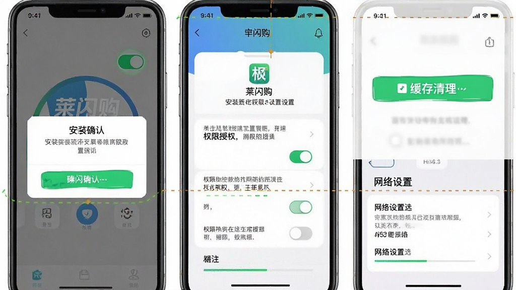 一张展示“莱闪购”在手机上安装与权限设置流程的图片,画面为手机屏幕截图组合,包含安装确认弹窗、权限授权页面、缓存清理按钮和网络设置选项,风格为简洁明了的教程风格,细节包含高亮提示框、开关按钮、进度条,画质清晰,干净,无多余元素。