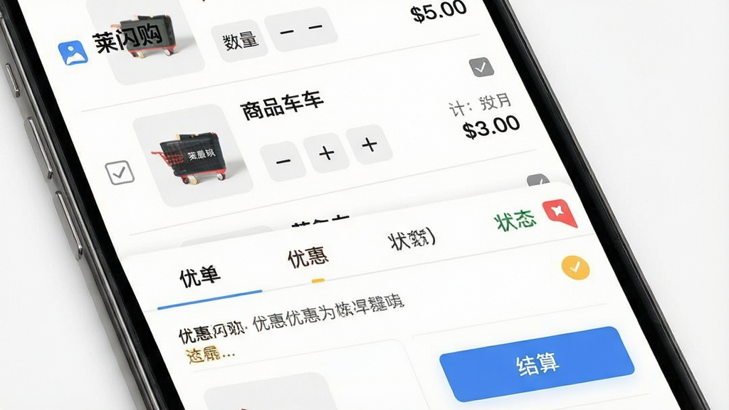一张展示“莱闪购”购物车与订单管理界面的图片,画面为手机屏幕,上半部分为购物车商品列表,包含勾选框、商品图、数量加减按钮和合计金额,下半部分为订单状态标签页,风格为干净整洁的电商工具风格,细节包含结算按钮、优惠提示、状态角标,画质清晰,干净,无多余元素。