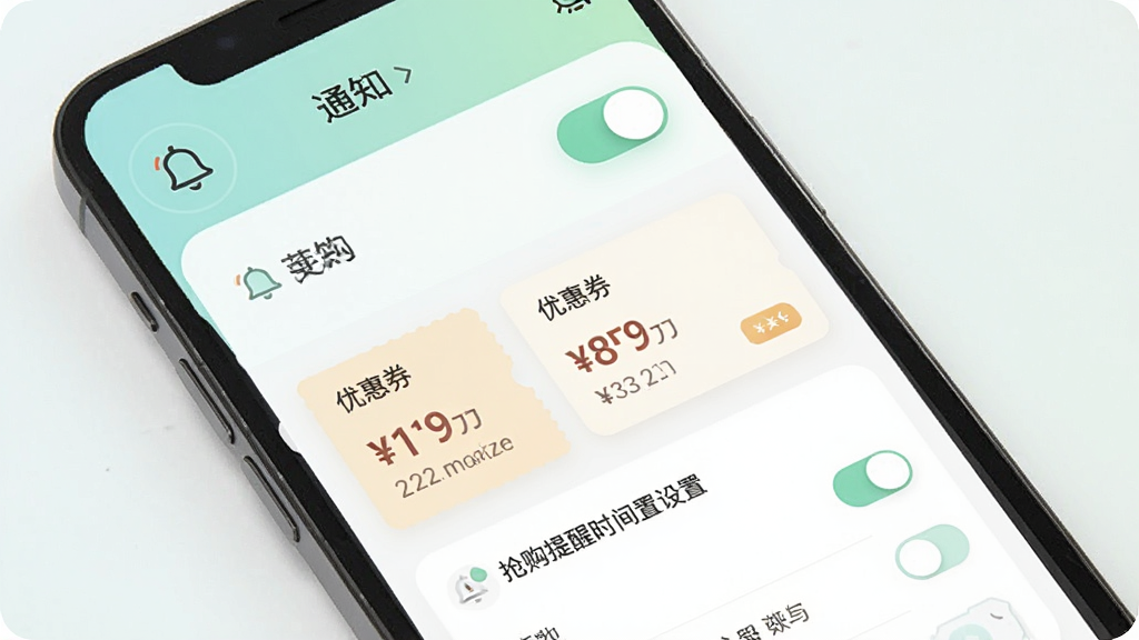 一张展示“莱闪购”消息通知与优惠提醒设置的图片,画面为手机界面,包含通知开关列表、优惠券卡片和抢购提醒时间设置,风格为柔和清新的工具类应用风格,细节包含铃铛图标、开关按钮、优惠券面额,画质清晰,干净,无多余元素。