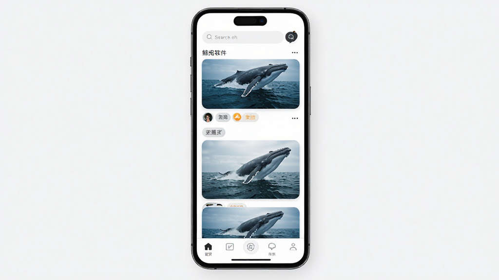 鲸阅图软件主界面预览图,主体为一部智能手机,屏幕显示高清图片瀑布流布局,布局简洁,顶部有搜索栏,底部有导航菜单,排版清晰,风格现代简约,细节包括缩略图圆角、分类标签,画质高清,干净,无多余元素