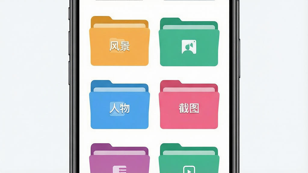 鲸阅图智能分类功能展示图,主体为手机屏幕显示多个彩色分类文件夹,布局网格排列,排版整齐,风格扁平化设计,细节包括文件夹图标、标签文字“风景”“人物”“截图”,画质高清,干净,无多余元素