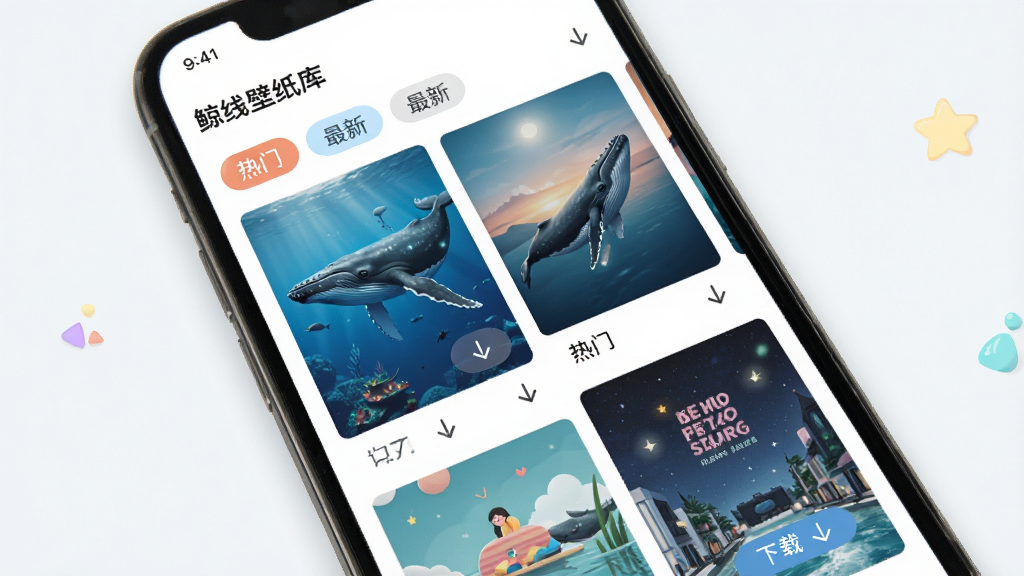 鲸阅图在线壁纸库界面图,主体为手机屏幕显示多张精美壁纸缩略图,布局两列瀑布流,排版活泼,风格清新明亮,细节包括下载按钮、分类标签“热门”“最新”,画质高清,干净,无多余元素