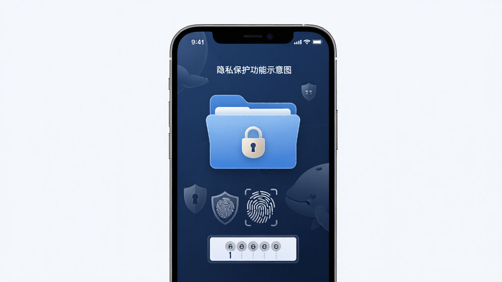鲸阅图隐私保护功能示意图,主体为手机屏幕显示一个带锁的文件夹图标,布局居中,排版简洁,风格安全稳重,细节包括盾牌、指纹识别图案、密码输入框,画质高清,干净,无多余元素