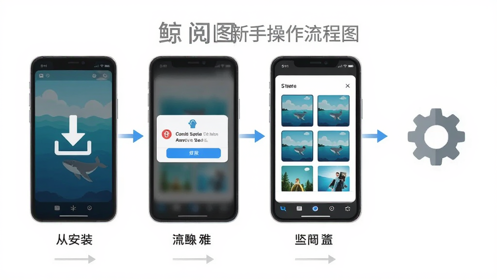 鲸阅图新手操作流程图,主体为手机屏幕显示从安装到浏览图片的四个步骤,布局横向排列,排版清晰,风格扁平图标,细节包括下载箭头、权限弹窗、图片网格、设置齿轮,画质高清,干净,无多余元素