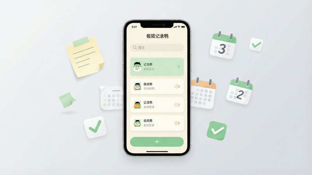 一张展示极简记录鸭手机应用主界面的图片,画面中央是一部现代智能手机,屏幕显示“极简记录鸭”应用界面,界面采用米白色背景与浅绿色点缀,布局简洁,顶部有搜索框,中部是记录卡片列表,底部有添加按钮。手机周围环绕着漂浮的便签纸、日历图标和勾选标记,背景为柔和的浅灰色渐变。整体风格清新极简,细节清晰,画质干净明亮,无多余元素。