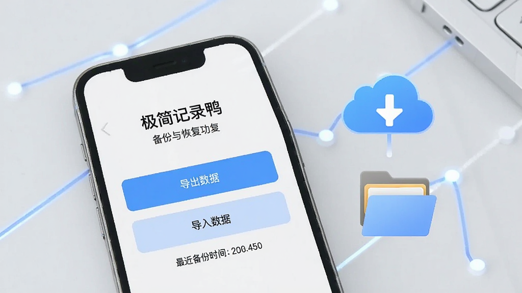 一张展示极简记录鸭数据备份功能的图片,手机屏幕显示“极简记录鸭”的备份与恢复界面,有“导出数据”和“导入数据”按钮,下方显示最近备份时间。手机旁边有一个云端图标和文件夹图标,象征数据存储。风格简约科技感,画质清晰,无多余装饰。
