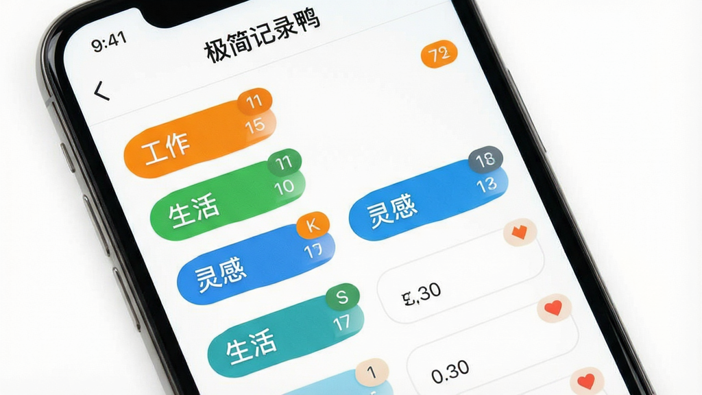 一张展示极简记录鸭标签管理功能的图片,手机屏幕显示“极简记录鸭”的标签列表页面,不同颜色的标签整齐排列,如“工作”橙色、“生活”绿色、“灵感”蓝色,每个标签旁有记录数量角标。背景为纯白色,风格干净整洁,画质清晰,无杂乱元素。