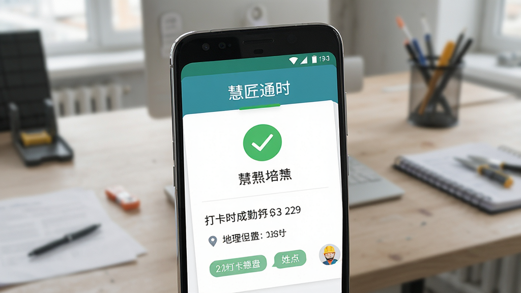 画面主体是一部安卓手机,屏幕上显示“慧匠通时”的考勤打卡成功页面,有绿色对勾和工人姓名,布局为手机正面特写,背景是简洁的工地办公室桌面,风格为清爽写实UI风格,细节包括打卡时间、地理位置标签、工人头像,画质高清,干净,无多余元素
