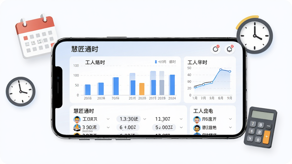 一部手机横屏展示“慧匠通时”的工时统计图表,画面中有柱状图和工人名单,布局为手机居中,周围漂浮着日历、时钟、计算器图标,风格为商务数据可视化风格,细节包括工时数字、日期标签、统计曲线,画质清晰,干净,无多余元素