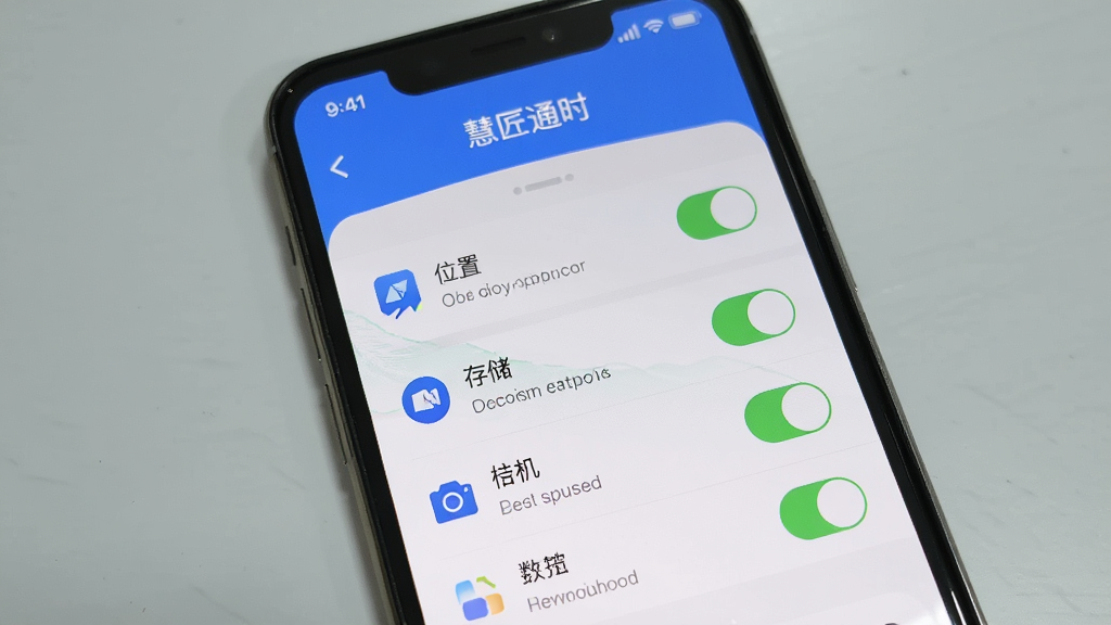 一部手机屏幕显示“慧匠通时”APP的权限设置页面,有位置、存储、相机等开关选项,布局为手机正面特写,背景是简洁的浅灰色桌面,风格为实用教程截图风格,细节包括权限图标、开启状态、提示文字,画质清晰,干净,无多余元素