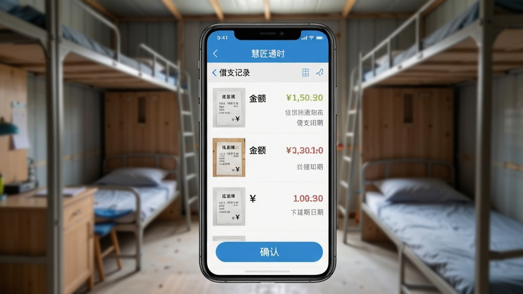 手机屏幕显示“慧匠通时”的借支记录页面,有列表形式的金额和日期,布局为手机正面,背景是模糊的工地宿舍场景,风格为生活化写实风格,细节包括借条缩略图、人民币符号、确认按钮,画质清晰,干净,无多余元素