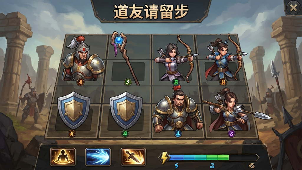 一张展示“道友请留步”战斗布阵界面的示意图,画面为六宫格棋盘布局,每个格子上放置着不同职业的角色头像,前排为盾牌图标的重装角色,后排为法杖与弓箭图标的输出角色,画面下方有技能释放按钮与能量条,背景为古战场遗迹,风格为策略游戏界面插画,细节上突出职业图标与站位标识,画质清晰,画面干净无多余元素