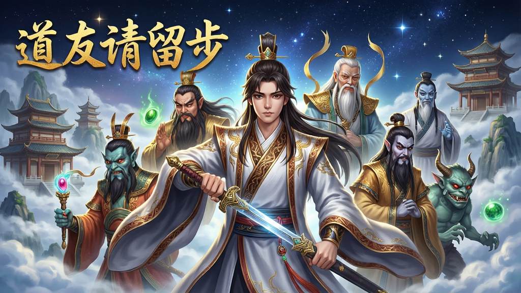一张以中国古典修仙为主题的手机游戏宣传图,画面中央是一位身穿华丽道袍的年轻修士,手持长剑,身后环绕着数位神态各异的神仙与妖怪角色,背景是云雾缭绕的仙山楼阁与璀璨星空,画面左上角用金色书法字体写着“道友请留步”,整体布局采用中心对称式构图,风格为国风仙侠插画,细节上注重服饰纹理与法宝光泽的刻画,画质高清,色彩饱满,画面干净无多余元素