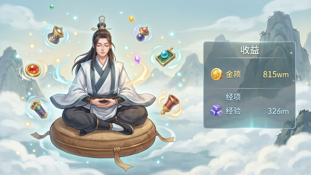 一张描绘“道友请留步”放置挂机玩法的场景图,画面中一位修士盘腿坐在悬浮的蒲团上闭目修炼,周围环绕着自动旋转的法宝与飘浮的灵气光点,背景是云海与远山,画面右侧有一个半透明的收益面板显示金币与经验数值,风格为清新国风插画,布局采用左中右三分法,细节上突出灵气流动与法宝光泽,画质柔和,画面干净无多余元素