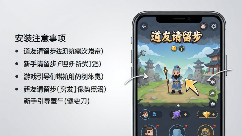 一张以“道友请留步”游戏界面为主题的手机操作示意图,画面展示一部智能手机屏幕,屏幕上显示游戏主界面与新手引导箭头,画面左侧列出安装注意事项的文字列表,背景为浅灰色渐变,风格为扁平化科技插画,细节上突出手机边框与界面UI元素,画质清晰,画面干净无多余元素