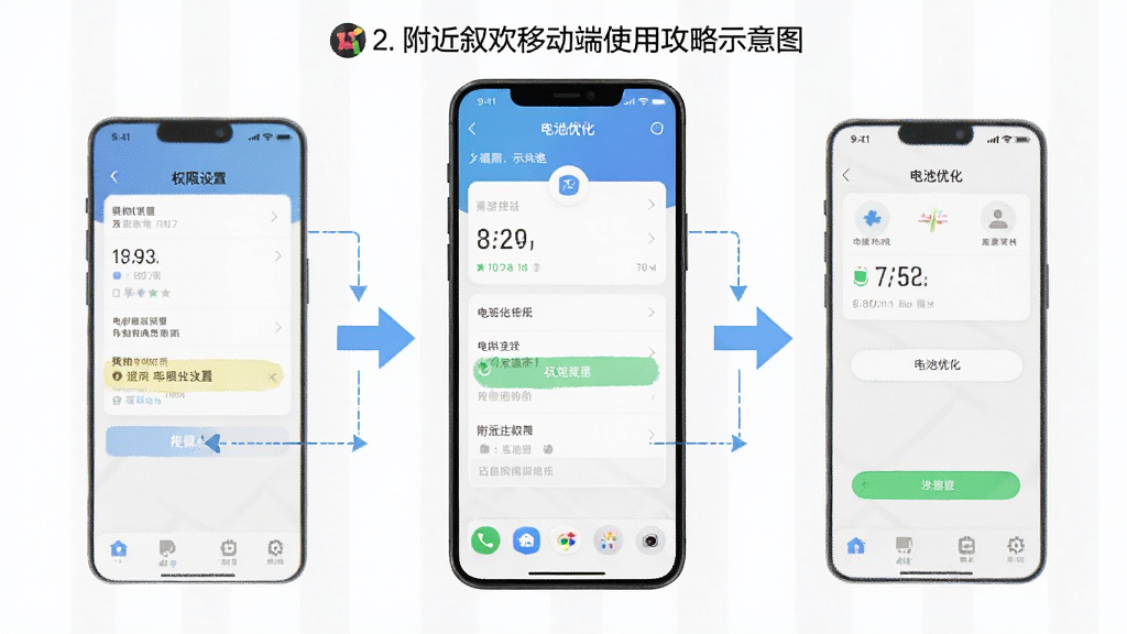 附近叙欢移动端使用攻略示意图,主体为手机屏幕显示权限设置和电池优化界面,布局分步展示,风格简洁商务,细节包括箭头指引和高亮标注,画质高清,干净,无多余元素