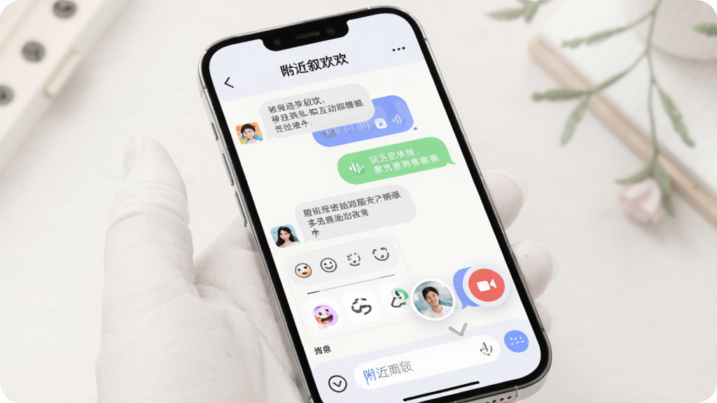 附近叙欢多元互动聊天界面,主体为手机屏幕显示聊天窗口,窗口内包含文字气泡、语音条和视频通话悬浮按钮,布局上下分层,风格柔和圆角,细节包括表情面板和输入框,画质高清,干净,无多余元素
