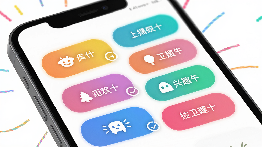 附近叙欢兴趣标签选择界面,主体为手机屏幕显示多个彩色兴趣标签按钮,布局网格状排列,风格活泼明快,细节包括选中状态高亮和图标搭配,画质高清,干净,无多余元素