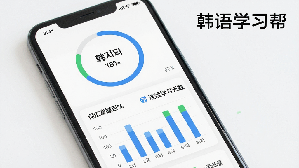 一张展示韩语学习进度追踪界面的图片,主体为手机屏幕显示学习数据仪表盘,布局为上方环形进度条下方柱状图,风格为现代简约风,细节包括打卡日历、词汇掌握百分比与连续学习天数图标,画质清晰干净,画面中带有“韩语学习帮”文字