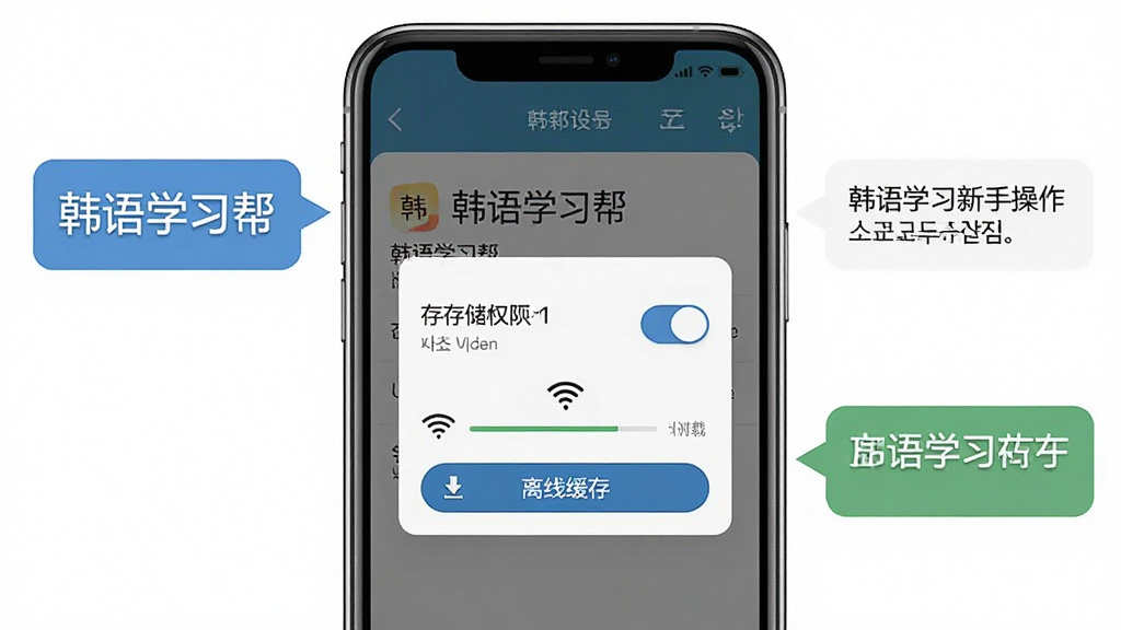 一张展示韩语学习帮新手操作界面的图片,主体为手机屏幕显示权限设置弹窗与离线缓存按钮,布局为居中手机模型配侧边提示气泡,风格为扁平化UI展示风,细节包括存储权限开关、WiFi图标与下载进度条,画质清晰干净,画面中带有“韩语学习帮”文字