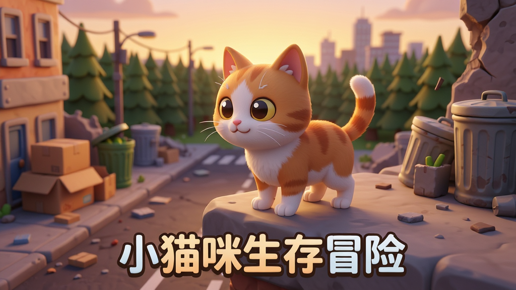 一只橘白相间的小猫咪站在城市废墟的高处俯瞰整个街道,背景有废弃的纸箱和垃圾桶,远处是森林与城市的交界线,天空是黄昏的暖色调,画面主体居中,下方排版游戏名称
