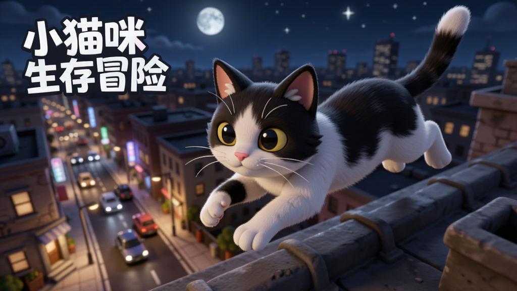 一只黑白花猫在夜晚的城市屋顶上跳跃,下方是灯火通明的街道和行驶的汽车,远景有月亮和星星,画面采用俯视角度,主体在画面中央偏右,排版文字