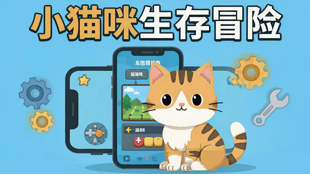 一只小猫坐在手机屏幕前,手机屏幕上显示着游戏设置界面,周围有齿轮和扳手图标,画面采用扁平化插画风格,主体在画面中央,排版文字