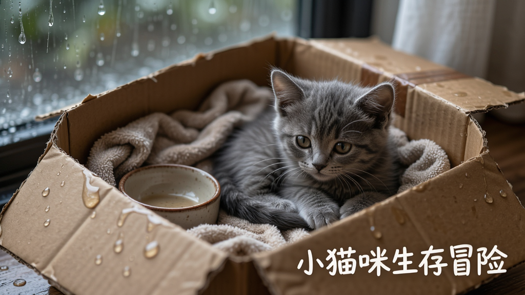 一只灰色小猫蜷缩在纸箱做的窝里,外面下着大雨,纸箱内有旧毛巾和一个小碗,画面采用特写视角,背景虚化,排版文字