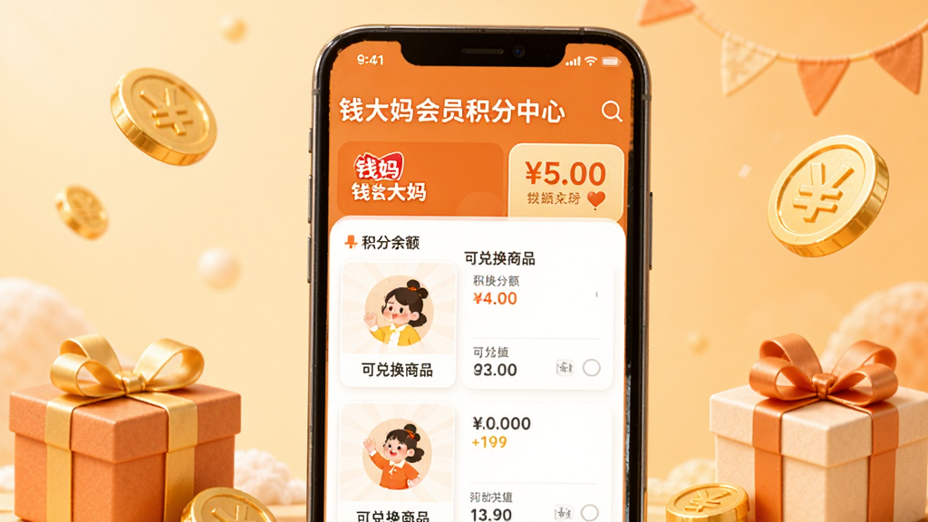 钱大妈会员积分中心界面图,手机屏幕显示积分余额和可兑换商品列表,画面以温暖橙色为主调,周围有金币和礼品盒装饰元素,风格温馨,画质清晰,无多余元素