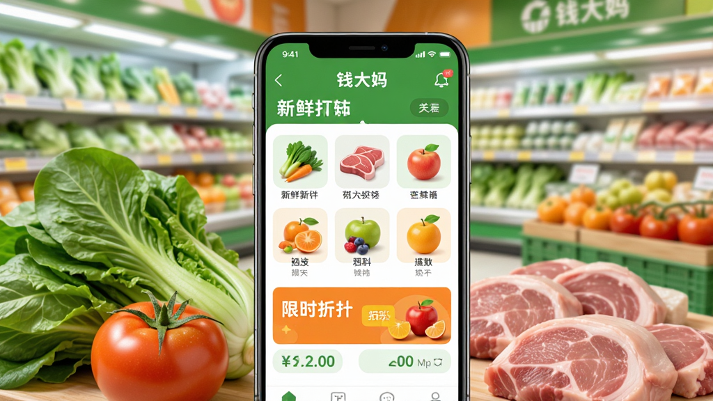 钱大妈生鲜购物APP界面展示图,画面中央是一部智能手机,屏幕上显示钱大妈应用程序的首页,包含新鲜蔬菜、肉类、水果等商品分类图标和限时折扣横幅,手机周围散落着新鲜的青菜、番茄、猪肉等食材,背景是明亮的社区生鲜超市货架,整体风格清新自然,色彩以绿色和橙色为主,画质清晰,干净整洁,无多余元素