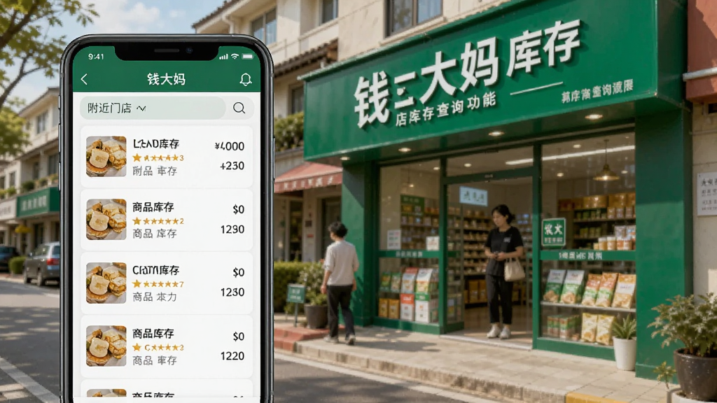 钱大妈门店库存查询功能展示图,手机界面显示附近门店列表和商品库存数量,背景为社区街道场景,有绿色门店招牌,风格生活化,画质清晰,无多余元素