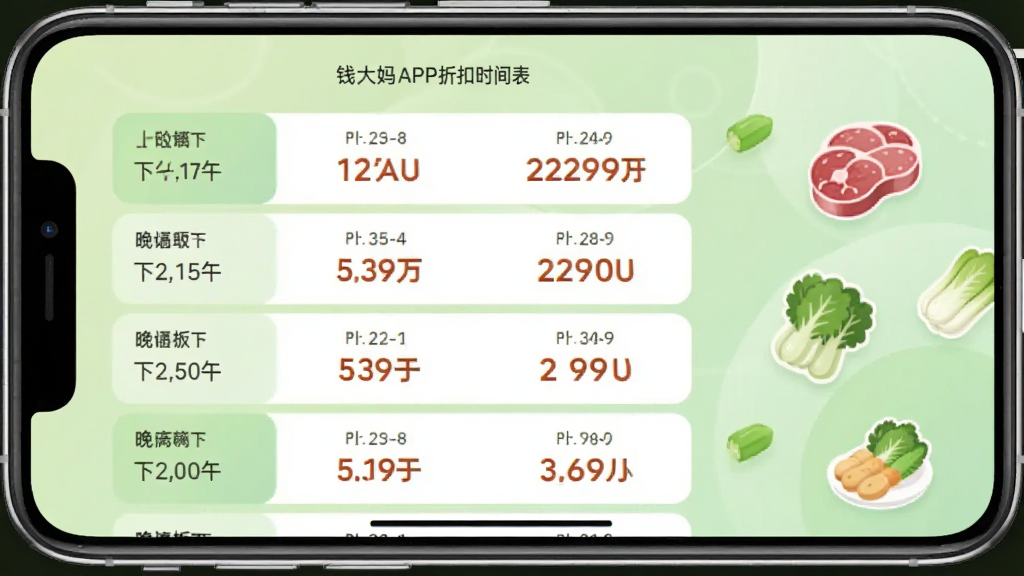 钱大妈APP折扣时间表界面截图,手机屏幕显示从下午到晚上的分时段折扣列表,背景为淡绿色渐变,画面右侧点缀新鲜猪肉和蔬菜图标,整体风格简洁明快,画质清晰,无多余元素