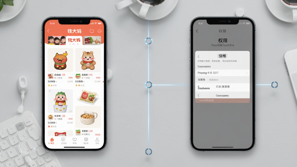 钱大妈APP移动端操作界面与手机设置权限页面组合图,左侧展示APP首页商品列表,右侧展示手机权限设置界面,背景为浅灰色桌面,风格简洁科技感,画质清晰,无多余元素