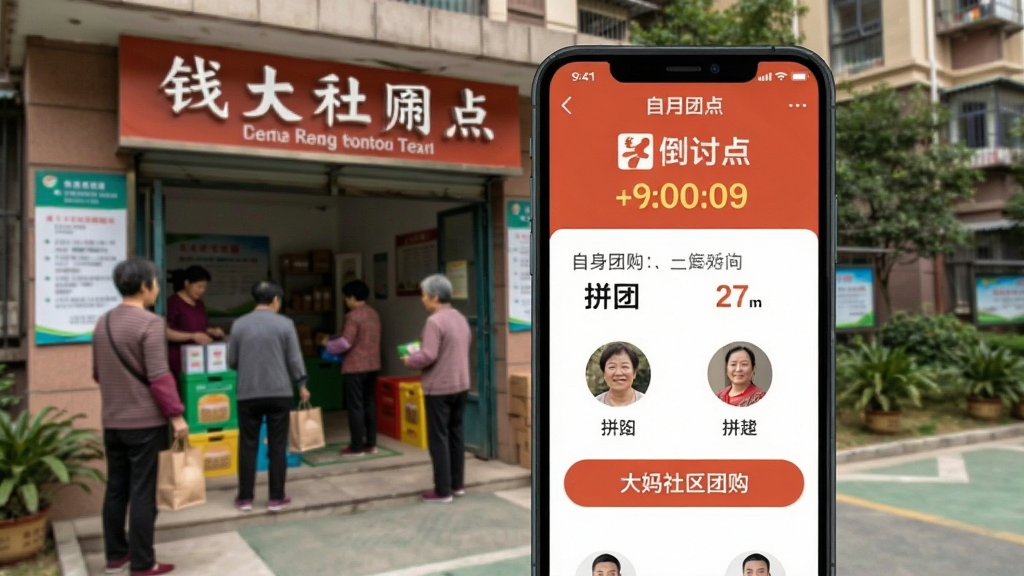 钱大妈社区团购页面展示图,手机界面显示拼团商品和倒计时,背景为小区门口自提点场景,有居民取货画面,风格写实,画质清晰,无多余元素