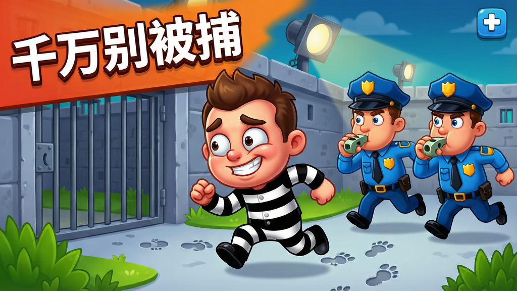 卡通风格的游戏主界面,中央是一个穿着黑白条纹囚服、表情滑稽的Q版小人正在蹑手蹑脚地逃跑,身后有两名穿着蓝色警服、吹着哨子的卡通警察在追赶,背景是监狱围墙与探照灯,画面左上角写着“千万别被捕”五个大字,整体色彩明亮活泼,布局为横版游戏宣传图,风格为美式卡通渲染,细节包含铁栅栏、草丛、脚印等元素,画质高清,干净,无多余元素