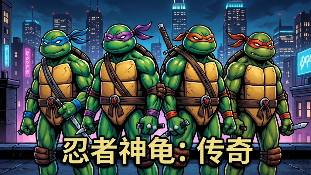 画面中心是四只忍者神龟并排站立在纽约夜晚的屋顶上,背景是霓虹闪烁的城市天际线,主体突出忍者神龟:传奇的游戏标志,布局采用居中对称构图,排版将游戏名称放在画面下方三分之一处,风格为美式漫画渲染风格,细节刻画神龟们的眼罩、龟壳纹理与武器质感,画质高清干净无多余元素,画面中文字为“忍者神龟:传奇”